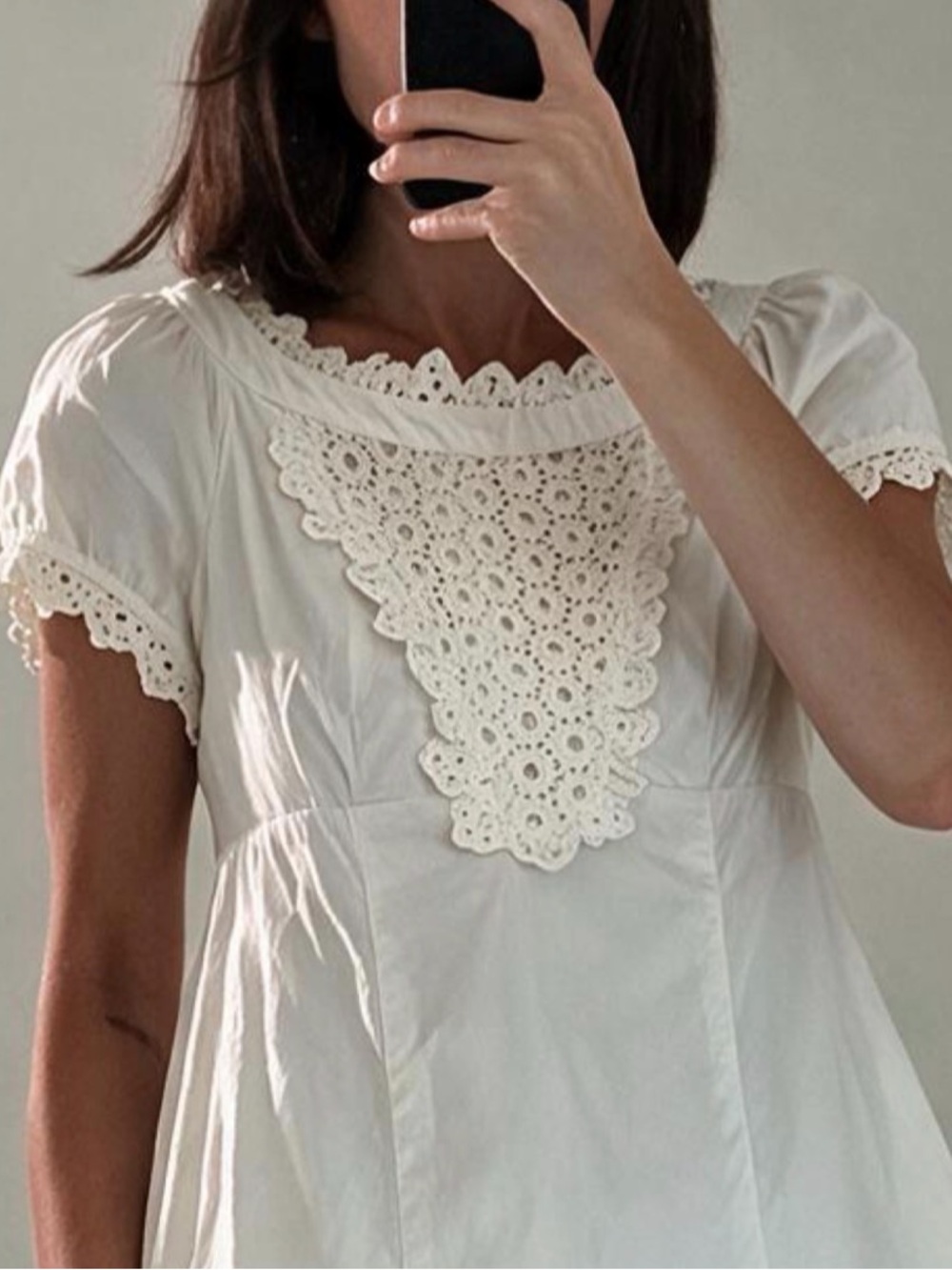 Nanette Lepore White Eyelet Lace Bib Ruffle Blouse Cottagecore Romantic